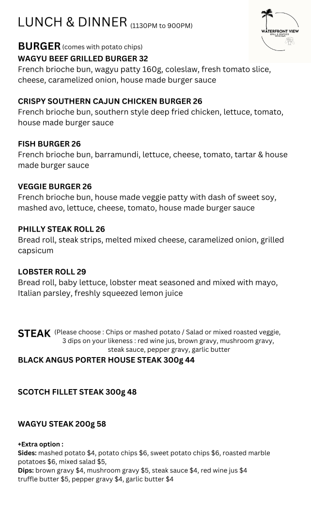 Menu, Waterfront View seafood & Wine Bar