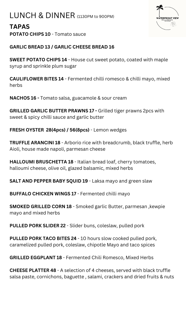 Menu, Waterfront View seafood & Wine Bar