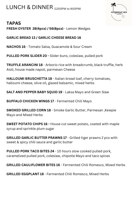 Menu, Waterfront View seafood & Wine Bar