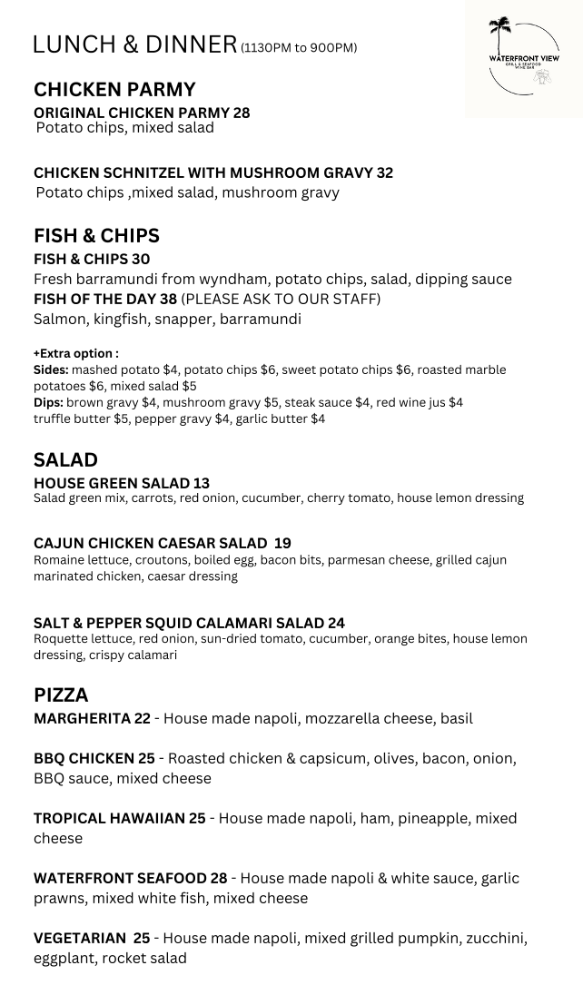 Menu, Waterfront View seafood & Wine Bar