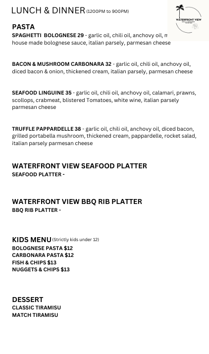 Menu, Waterfront View seafood & Wine Bar