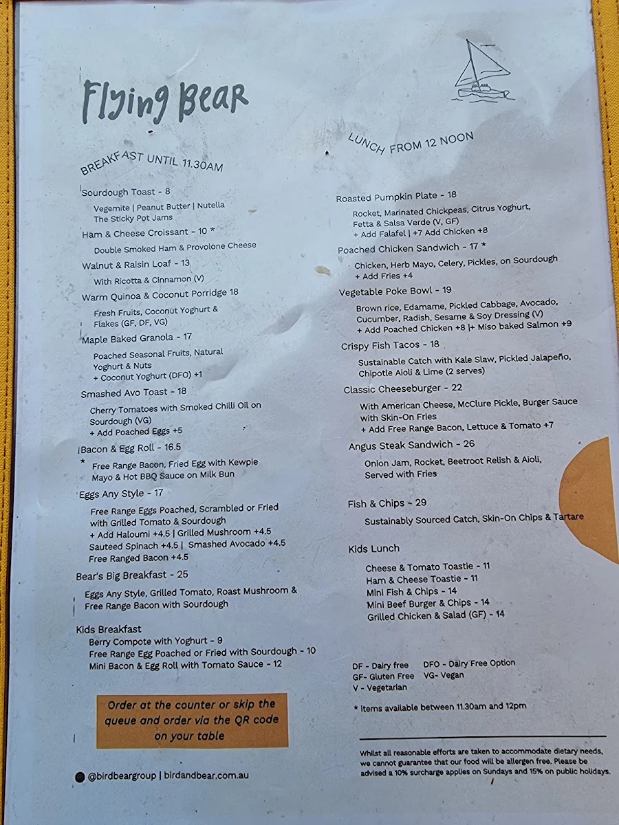 Menu, The Flying Bear