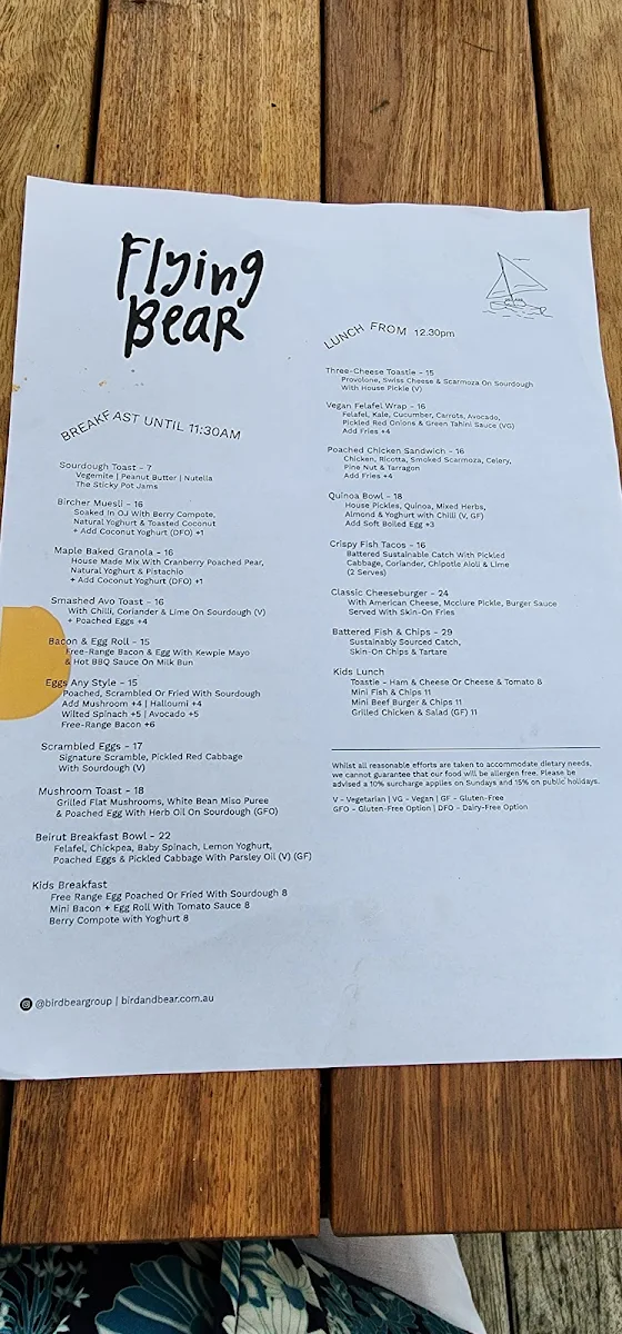 Menu, The Flying Bear