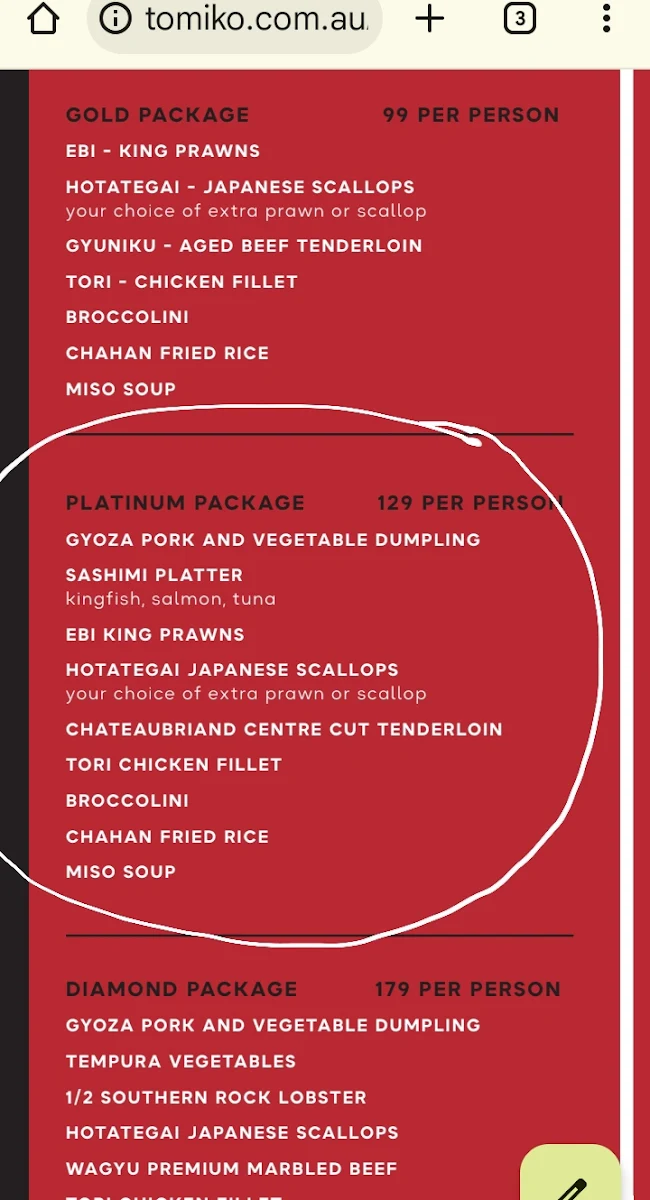Menu, Tomiko Japanese Steak House