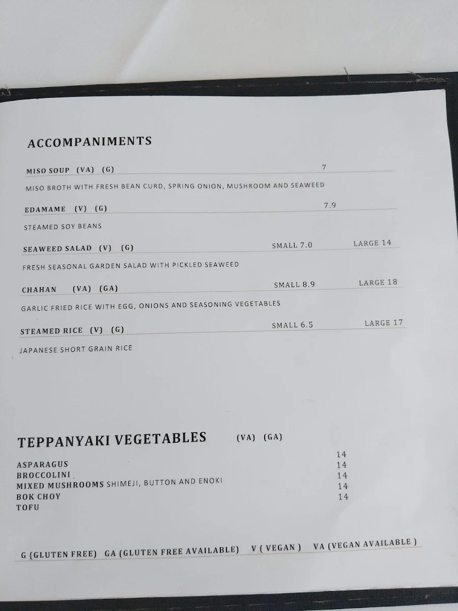 Menu, Tomiko Japanese Steak House