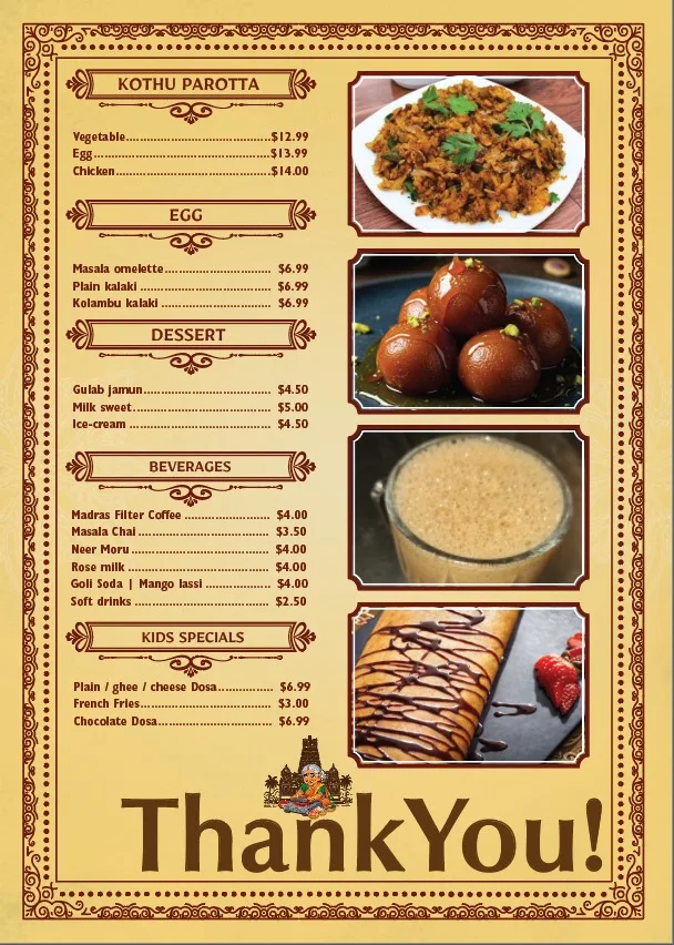 Menu, Aachi’s Chettinad