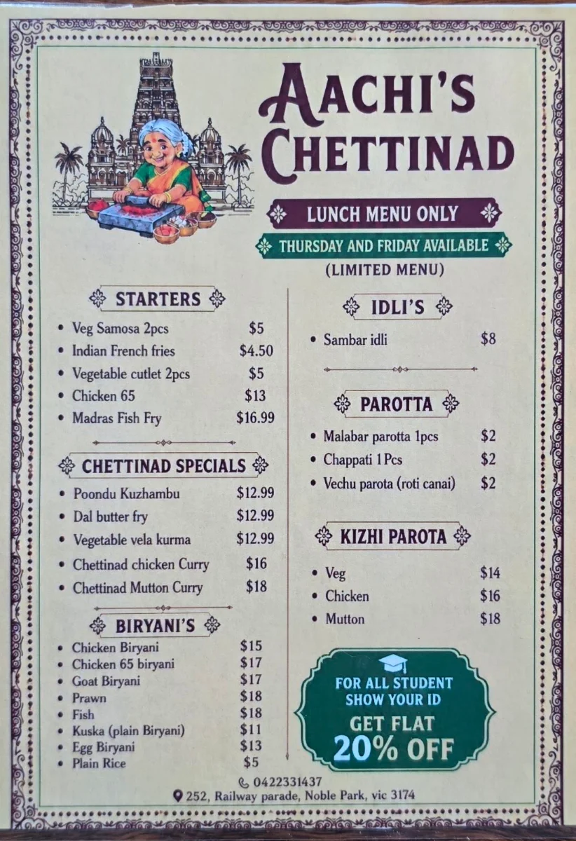 Menu, Aachi’s Chettinad