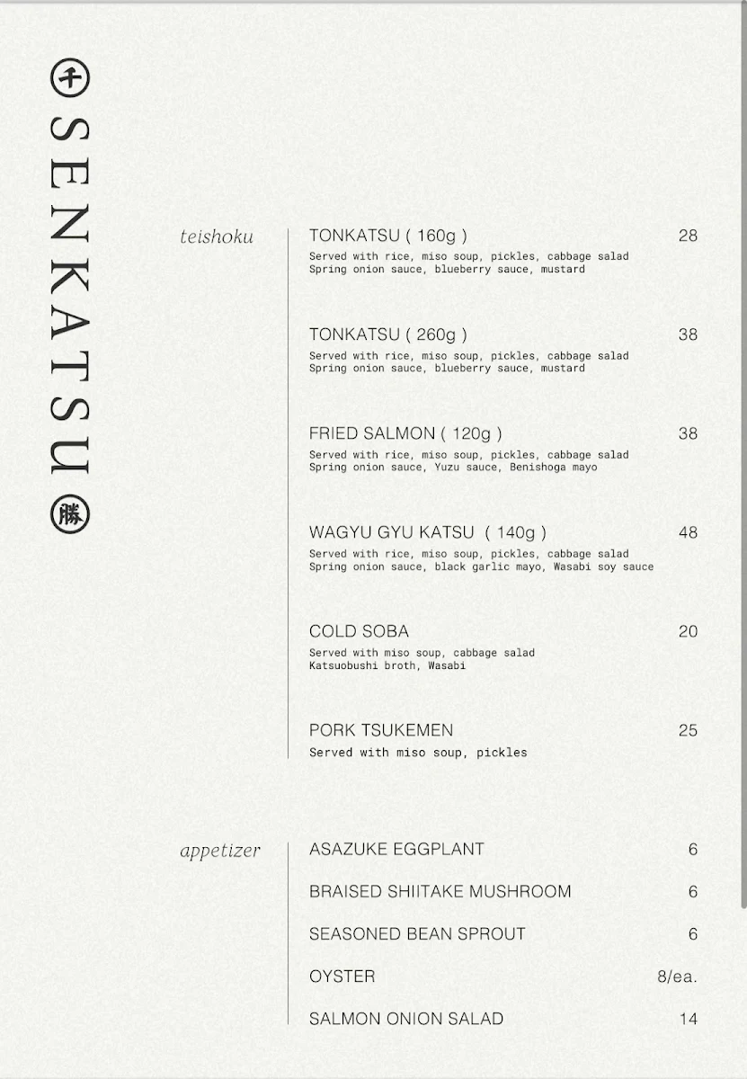 Menu, Senkatsu Japanese Restaurant