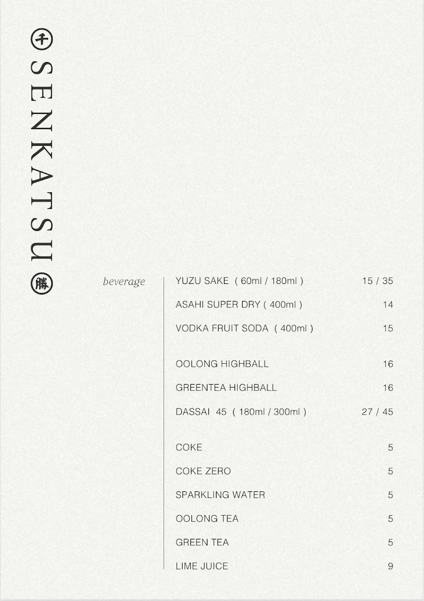 Menu, Senkatsu Japanese Restaurant