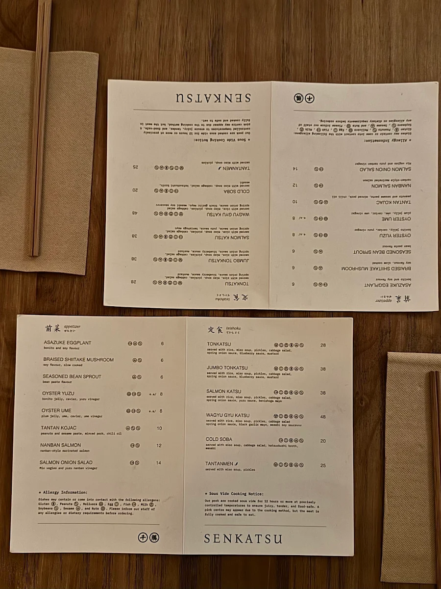 Menu, Senkatsu Japanese Restaurant