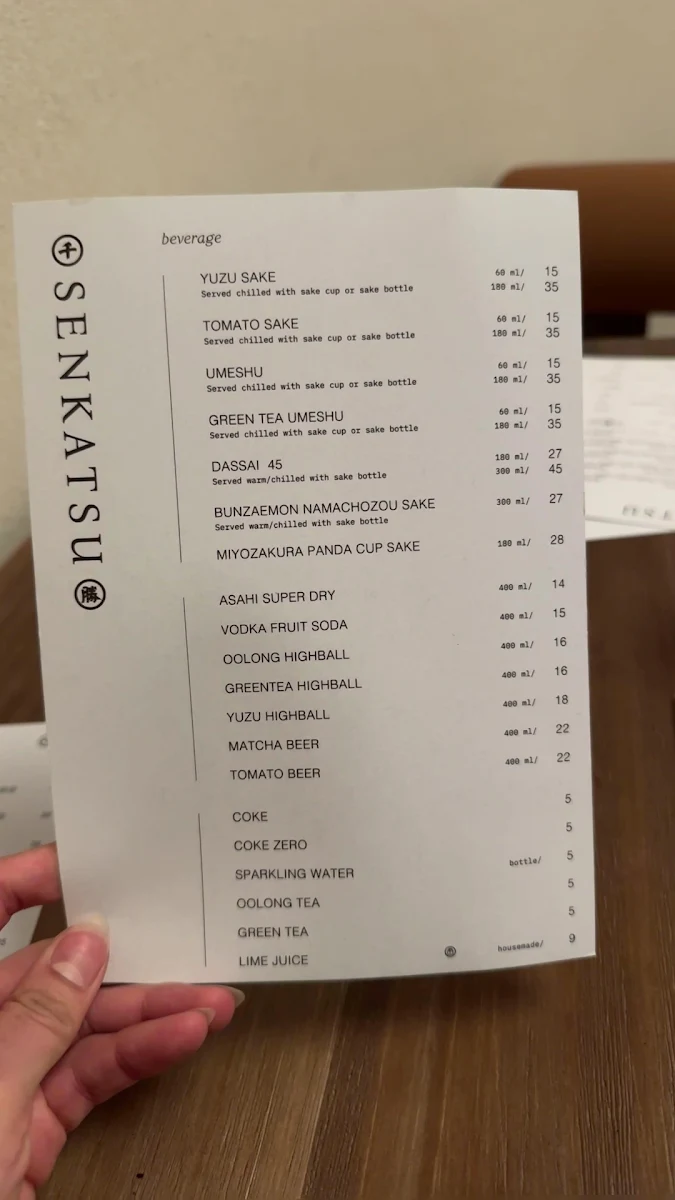 Menu, Senkatsu Japanese Restaurant
