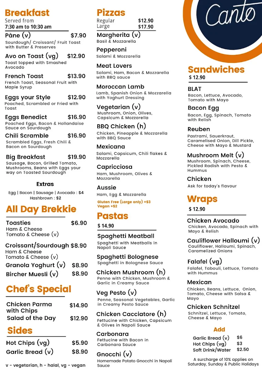 Menu, CANTO Caffe e Pizzeria