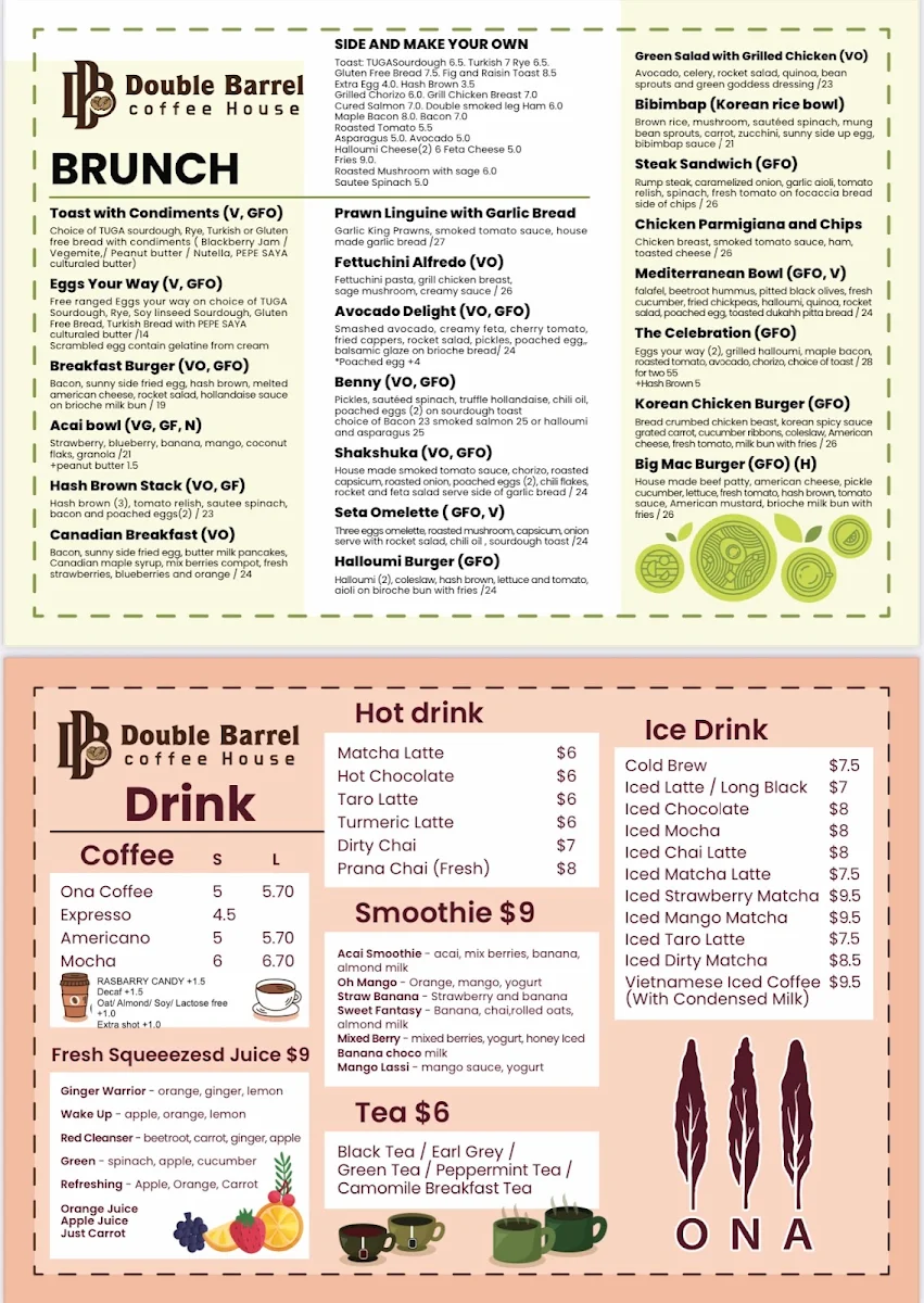 Menu, Double Barrel Coffee + Food house Newtown