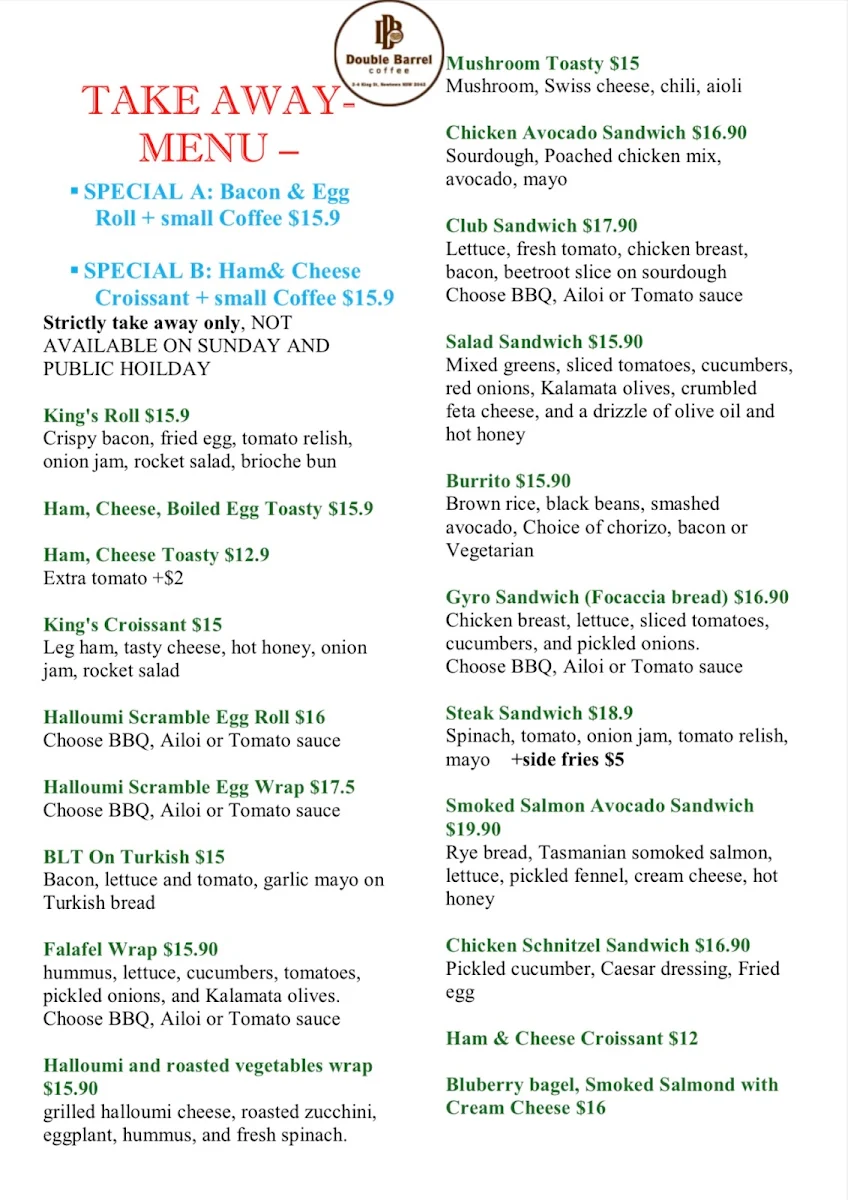 Menu, Double Barrel Coffee + Food house Newtown
