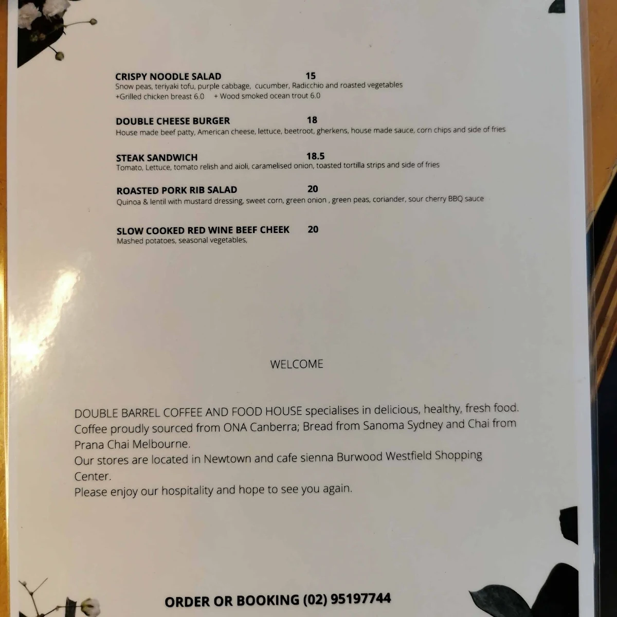 Menu, Double Barrel Coffee + Food house Newtown
