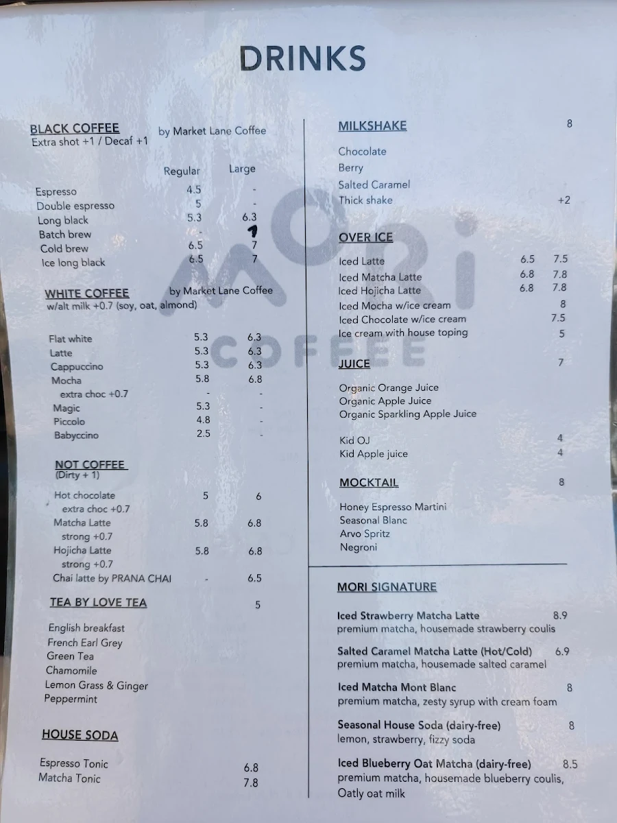 Menu, MORI Coffee Blackburn