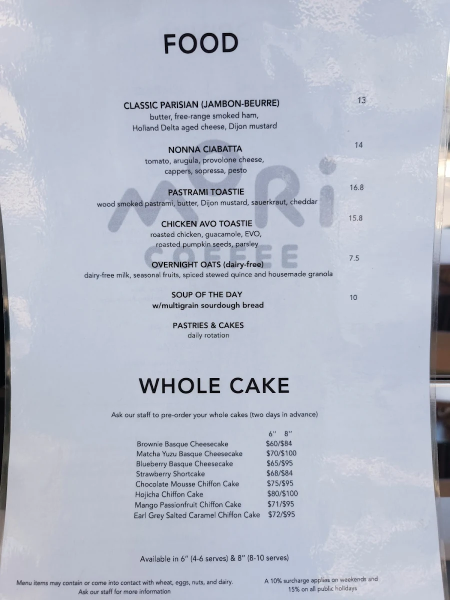 Menu, MORI Coffee Blackburn