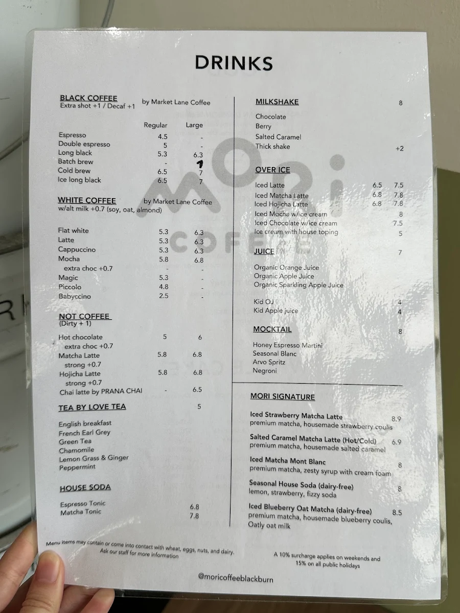 Menu, MORI Coffee Blackburn