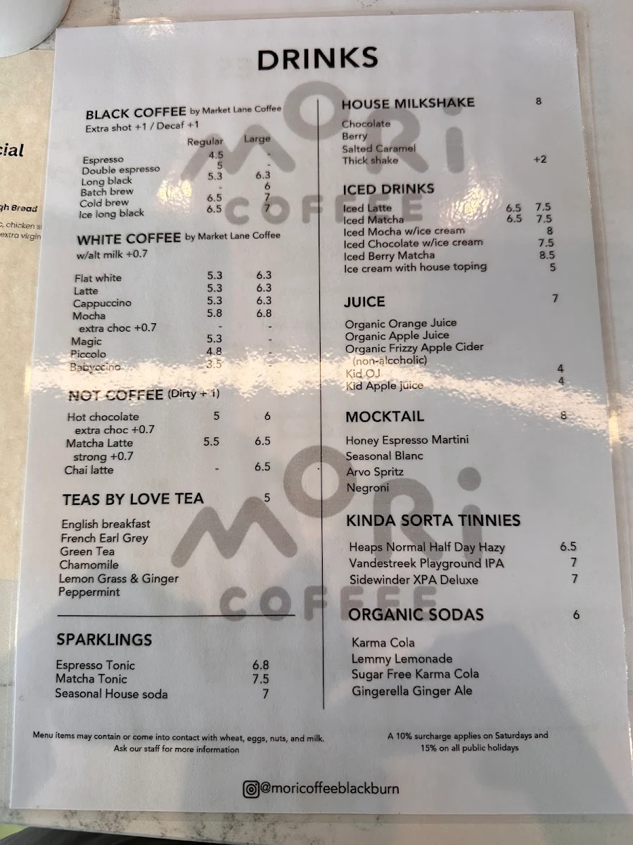 Menu, MORI Coffee Blackburn