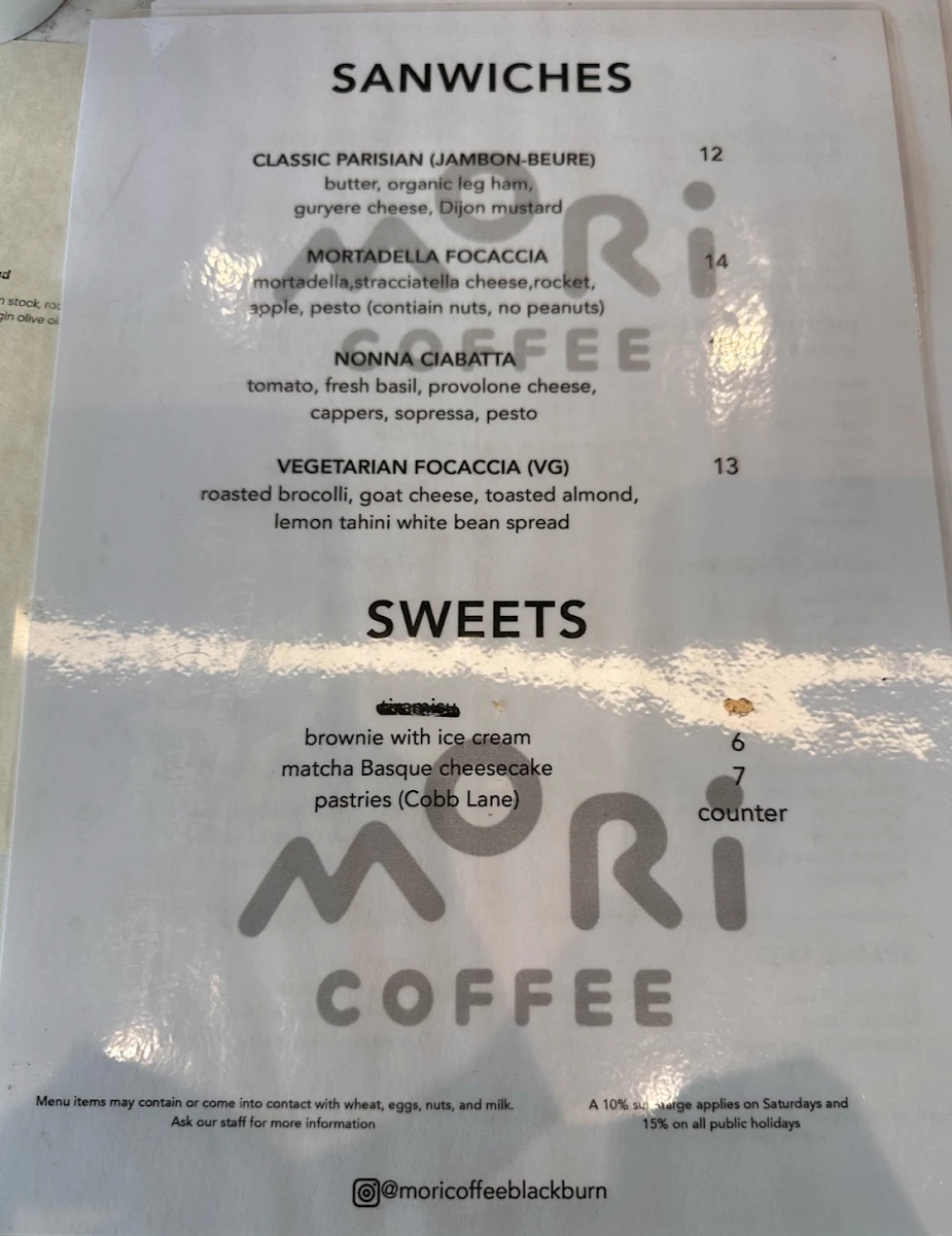 Menu, MORI Coffee Blackburn