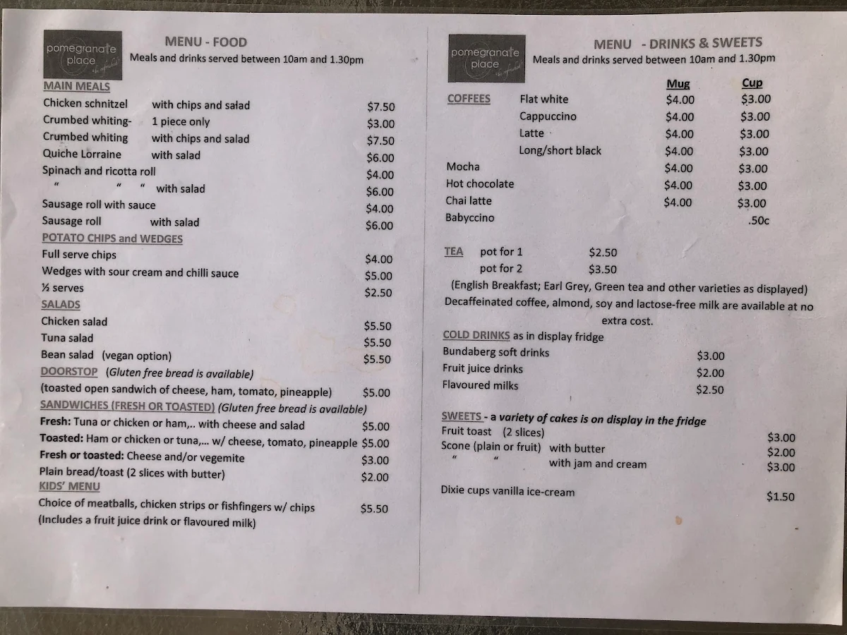 Menu, Pomegranate Place Café and Op Shop