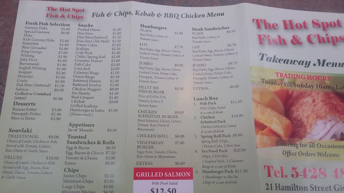 Menu, The Hot Spot Restaurant - Fish & Chips - Takeaway