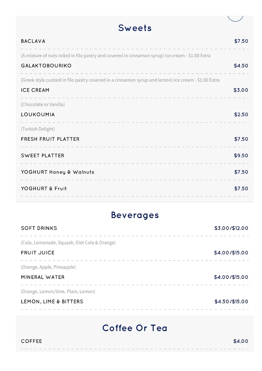 Menu, Nikos Tavern