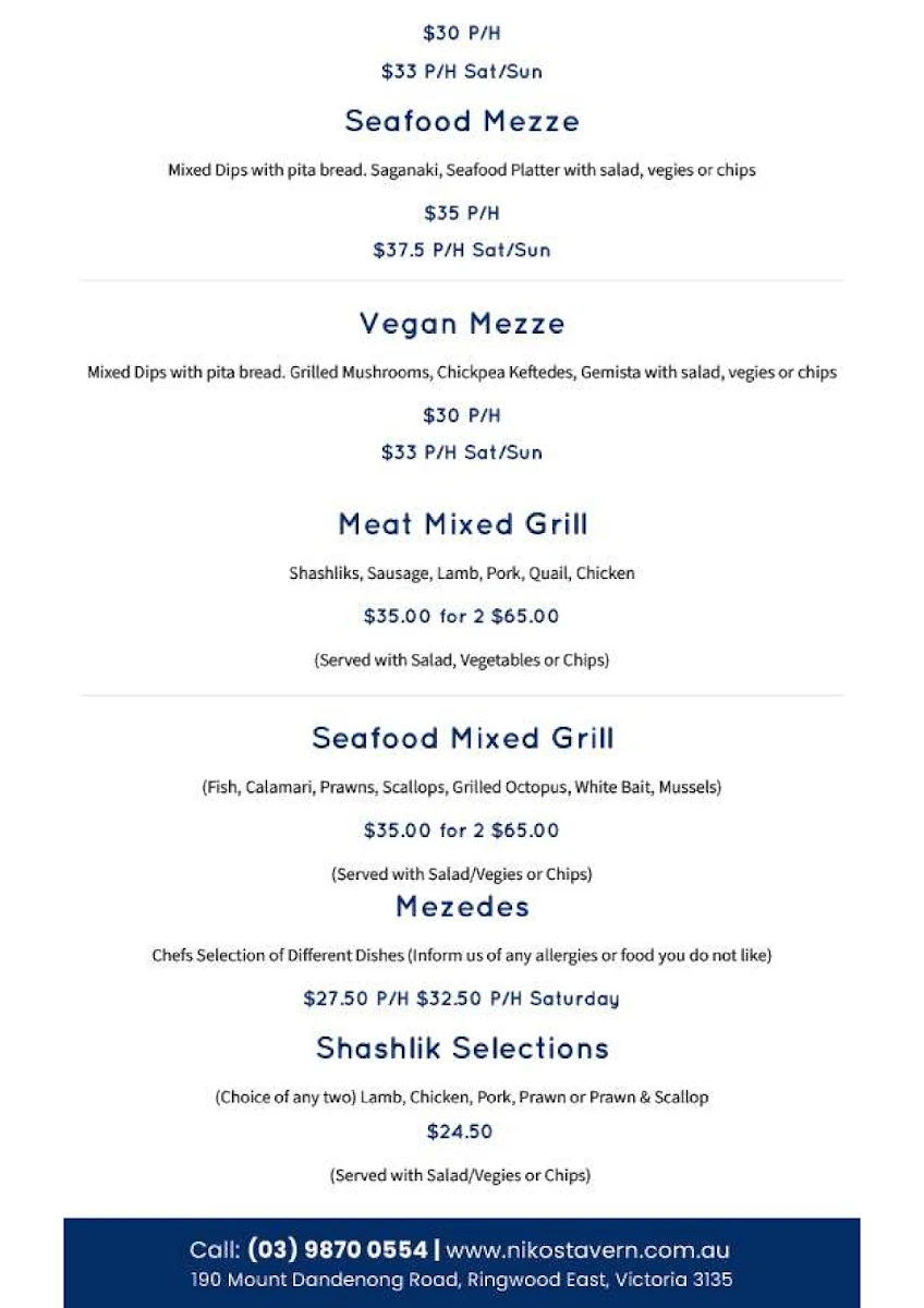 Menu, Nikos Tavern