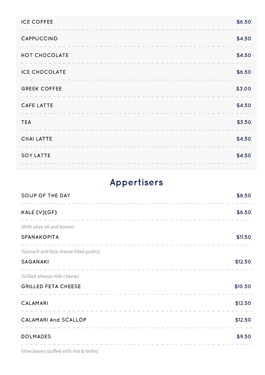 Menu, Nikos Tavern