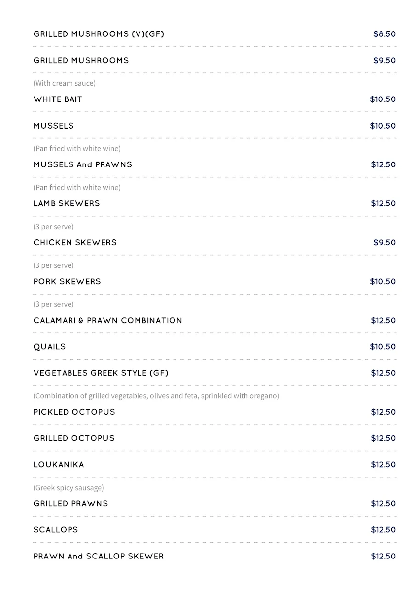 Menu, Nikos Tavern
