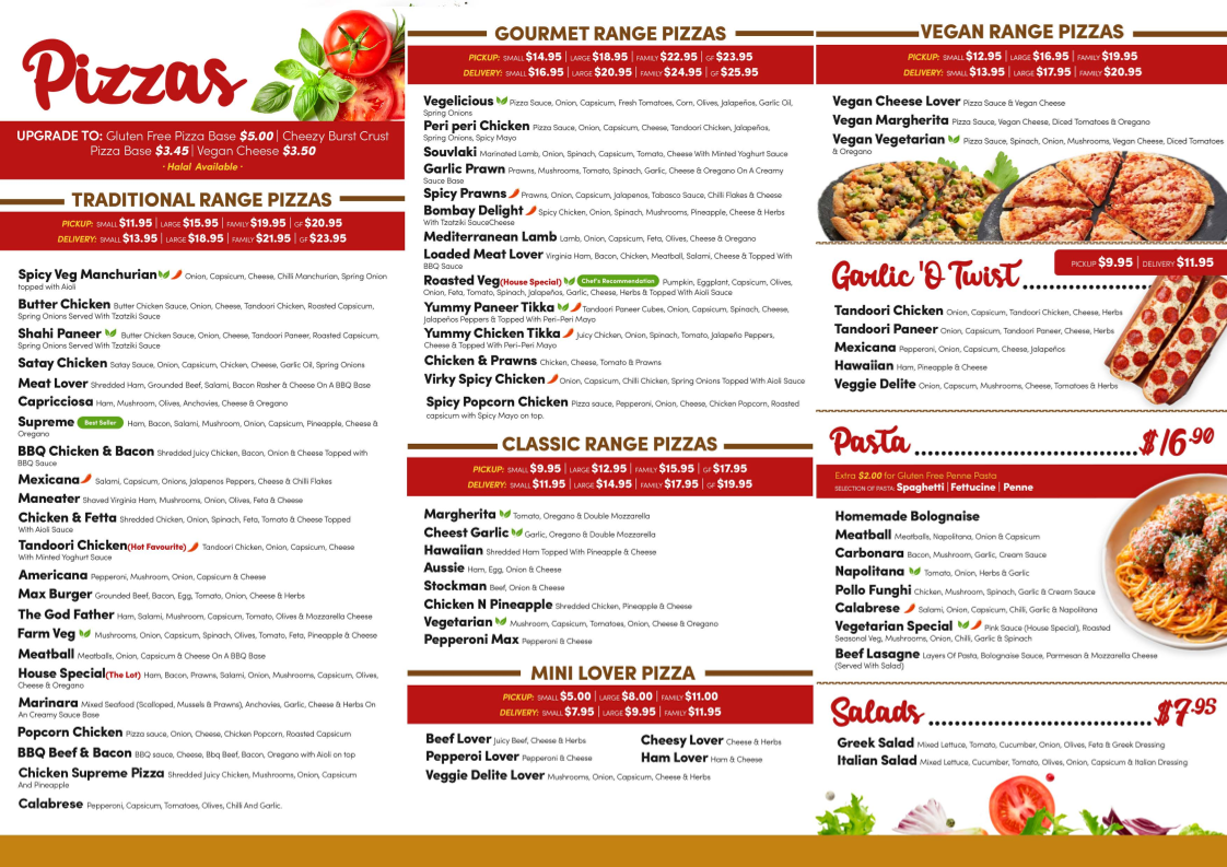 Menu, Pizza Boyz Mulgrave