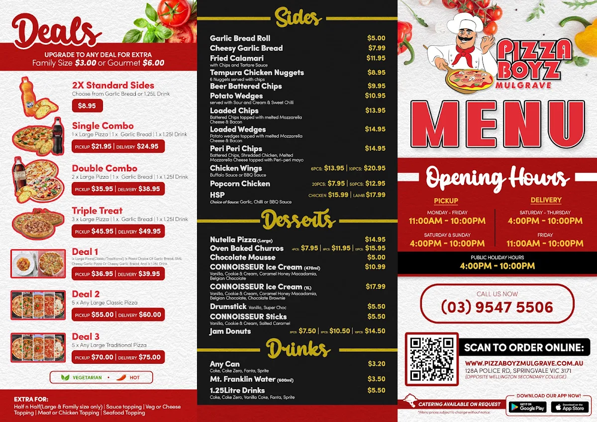 Menu, Pizza Boyz Mulgrave