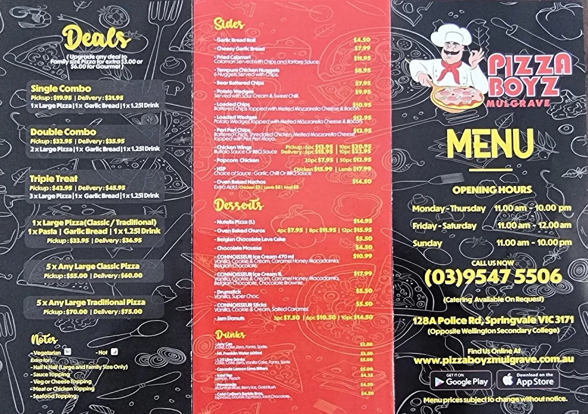 Menu, Pizza Boyz Mulgrave
