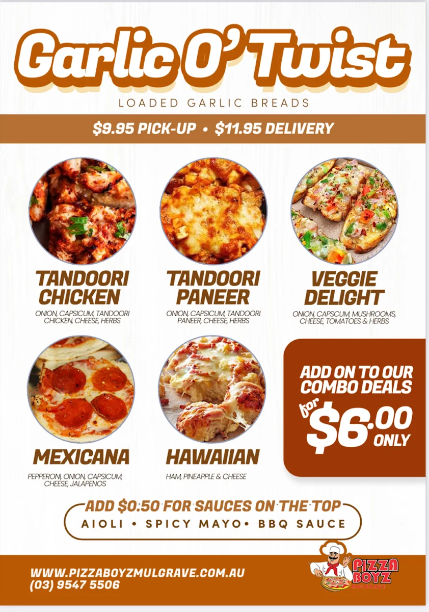 Menu, Pizza Boyz Mulgrave