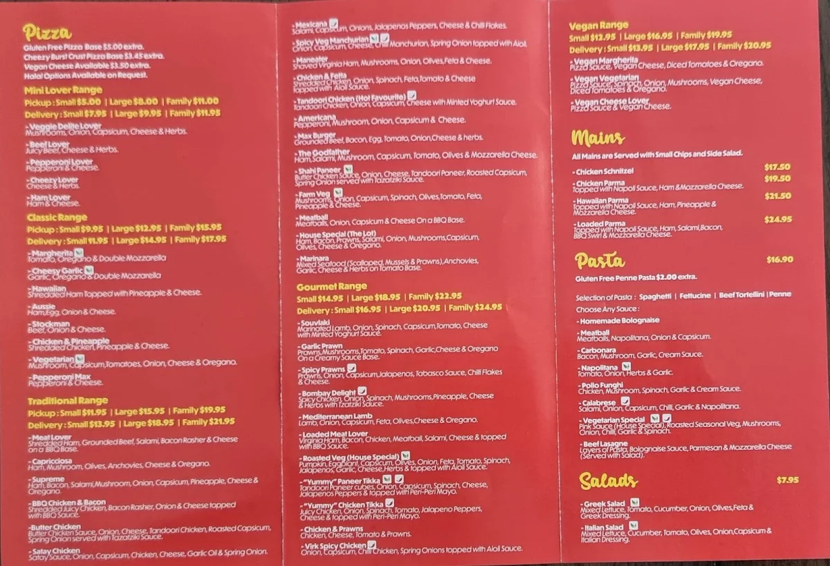 Menu, Pizza Boyz Mulgrave
