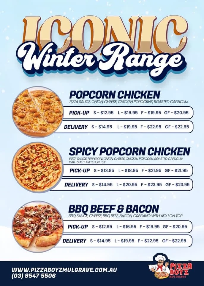 Menu, Pizza Boyz Mulgrave