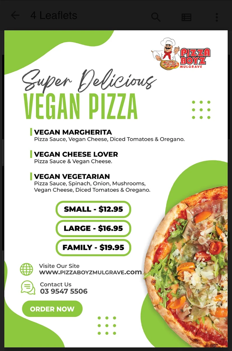 Menu, Pizza Boyz Mulgrave