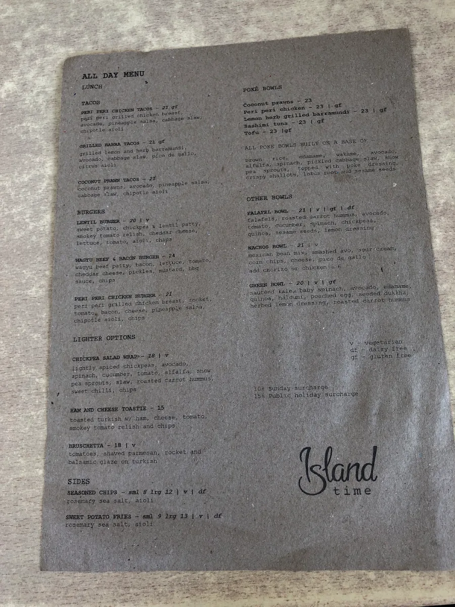 Menu, Island Time Espresso Bar