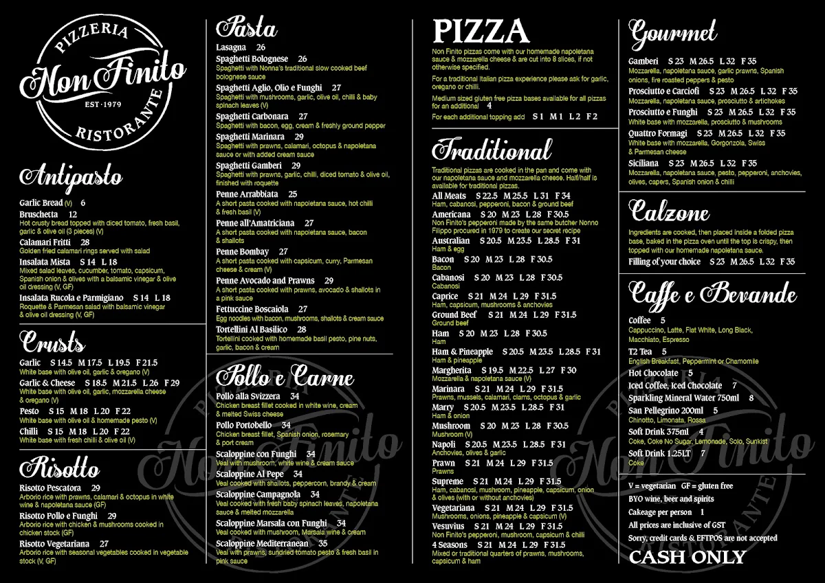 Menu, Non Finito Pizzeria Ristorante