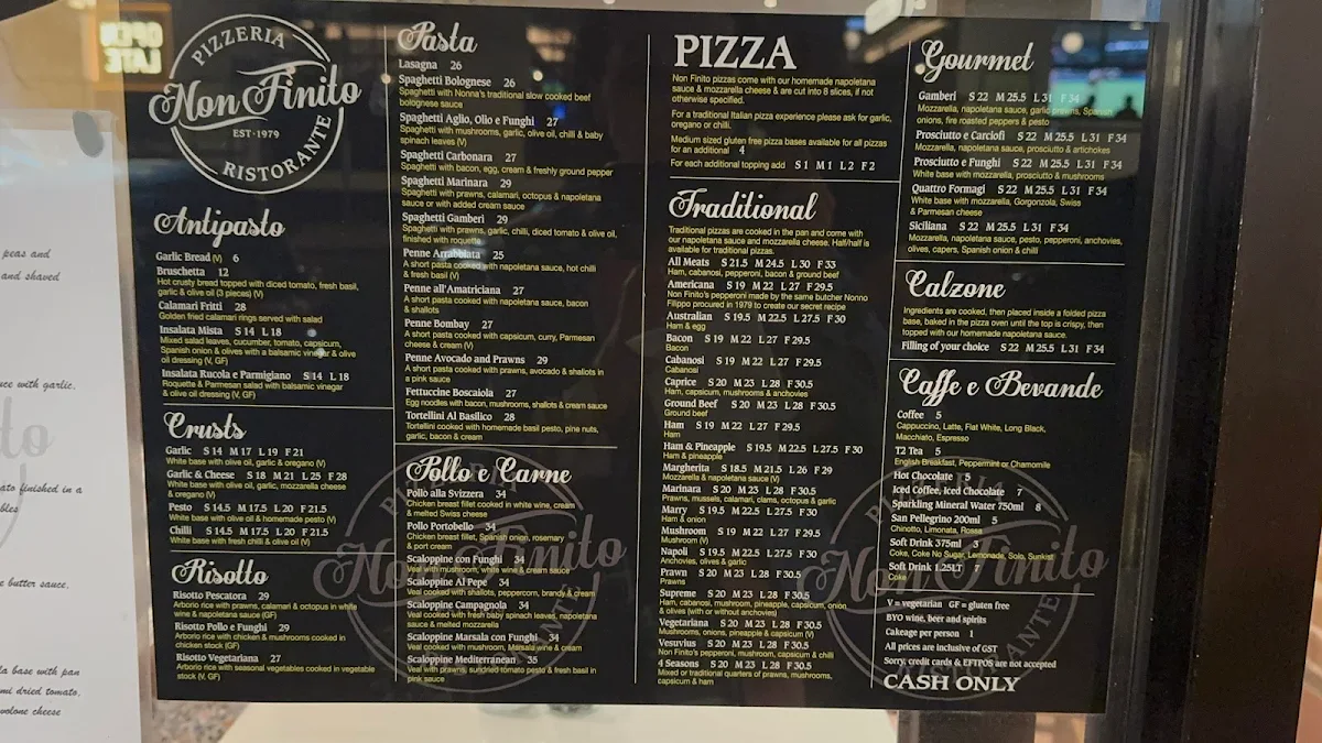 Menu, Non Finito Pizzeria Ristorante