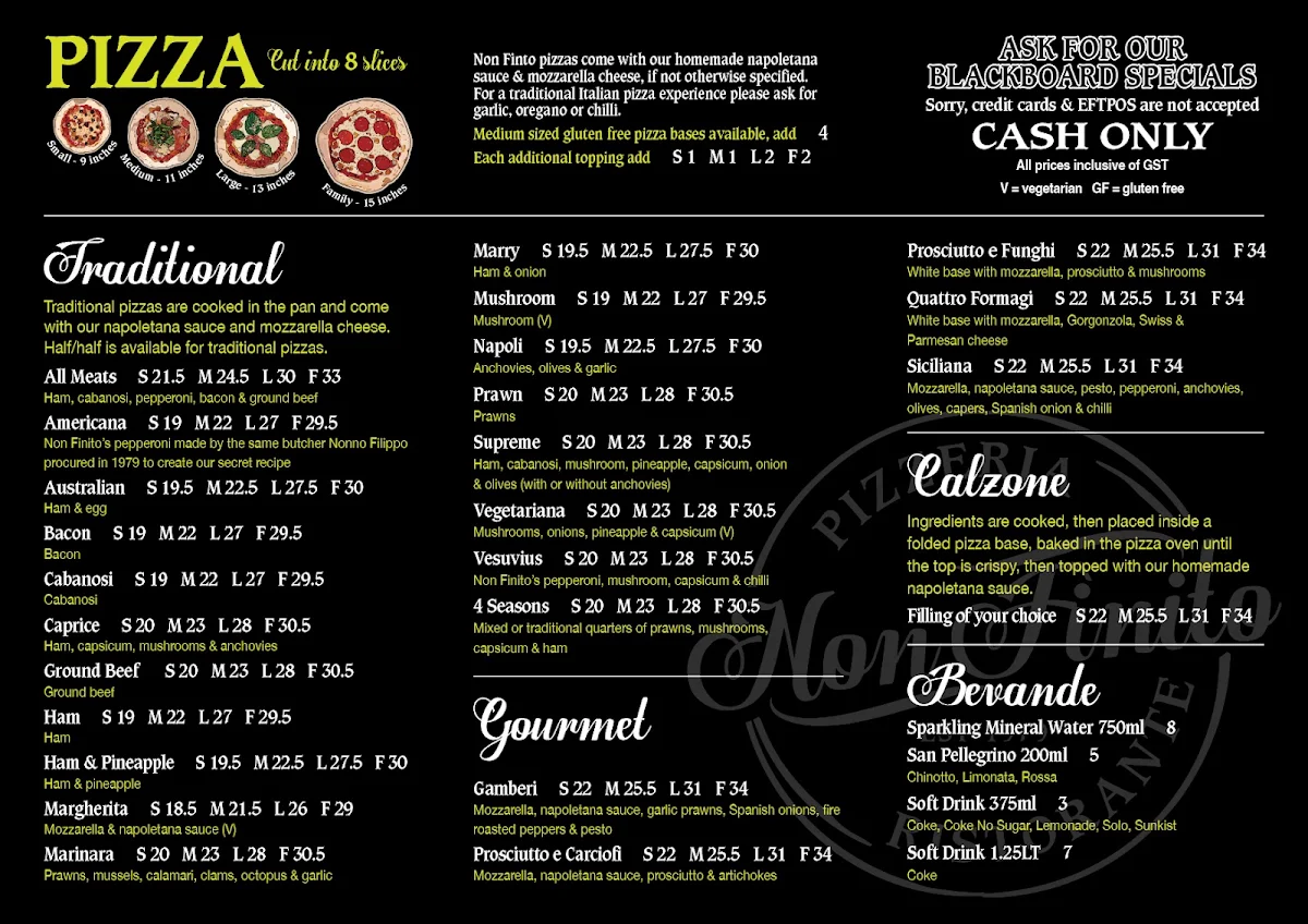 Menu, Non Finito Pizzeria Ristorante