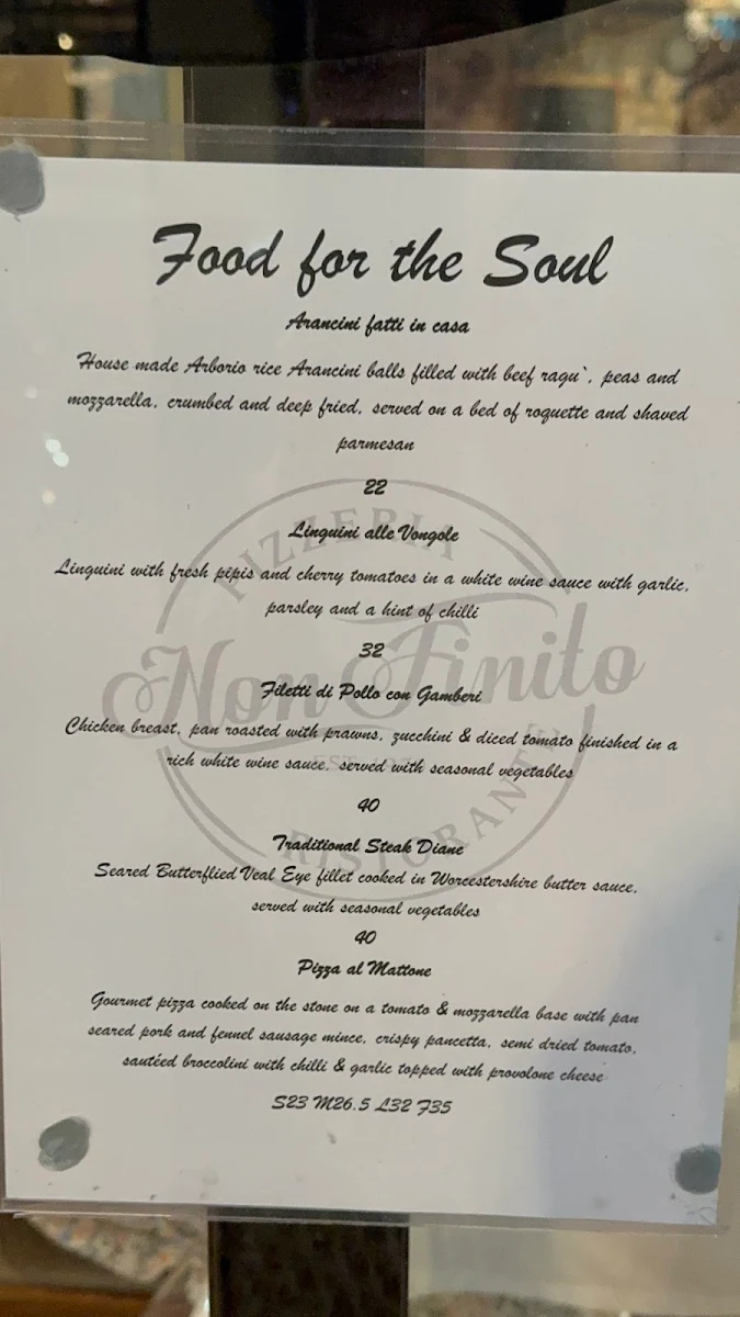 Menu, Non Finito Pizzeria Ristorante