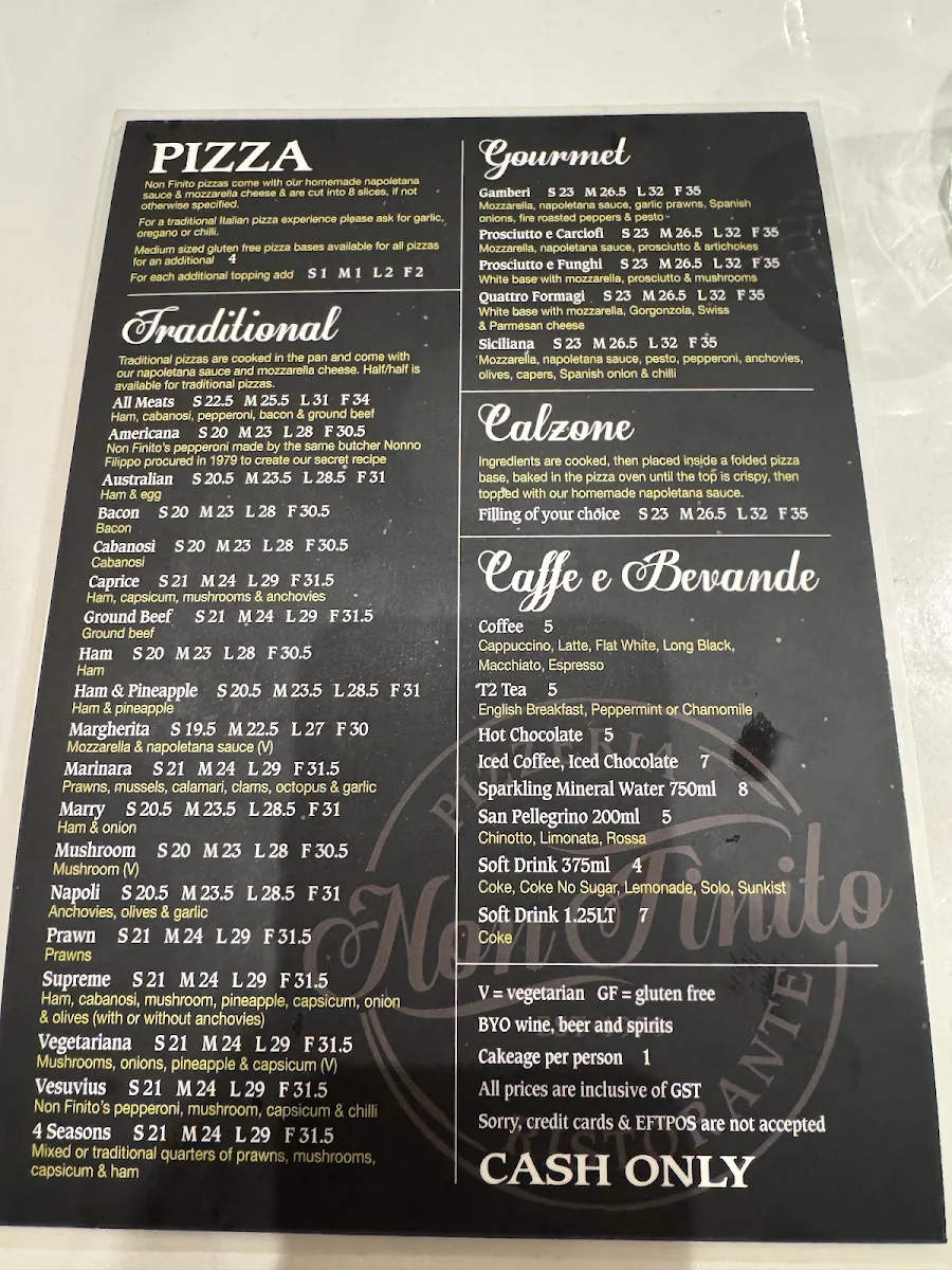 Menu, Non Finito Pizzeria Ristorante