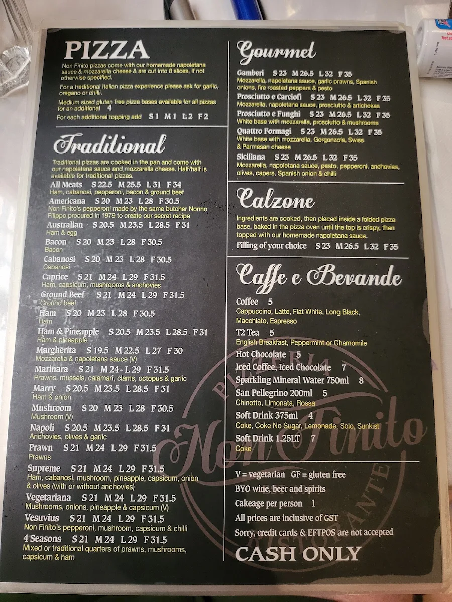 Menu, Non Finito Pizzeria Ristorante