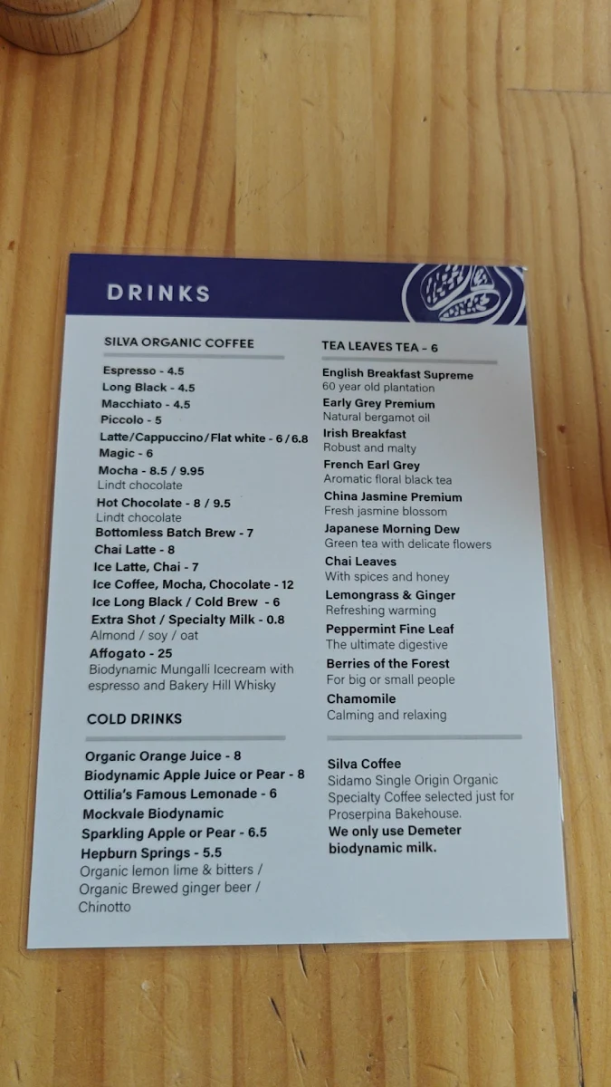 Menu, Proserpina Bakehouse
