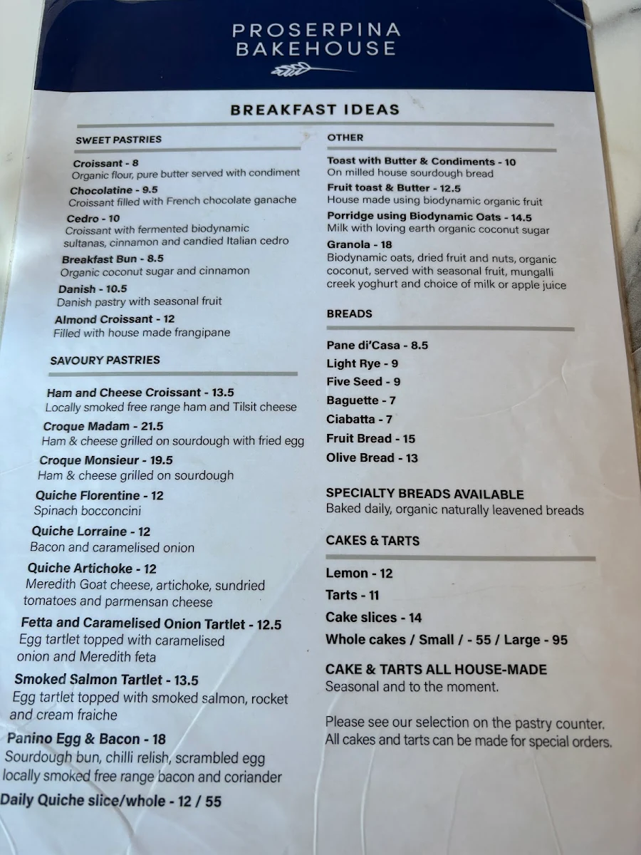 Menu, Proserpina Bakehouse