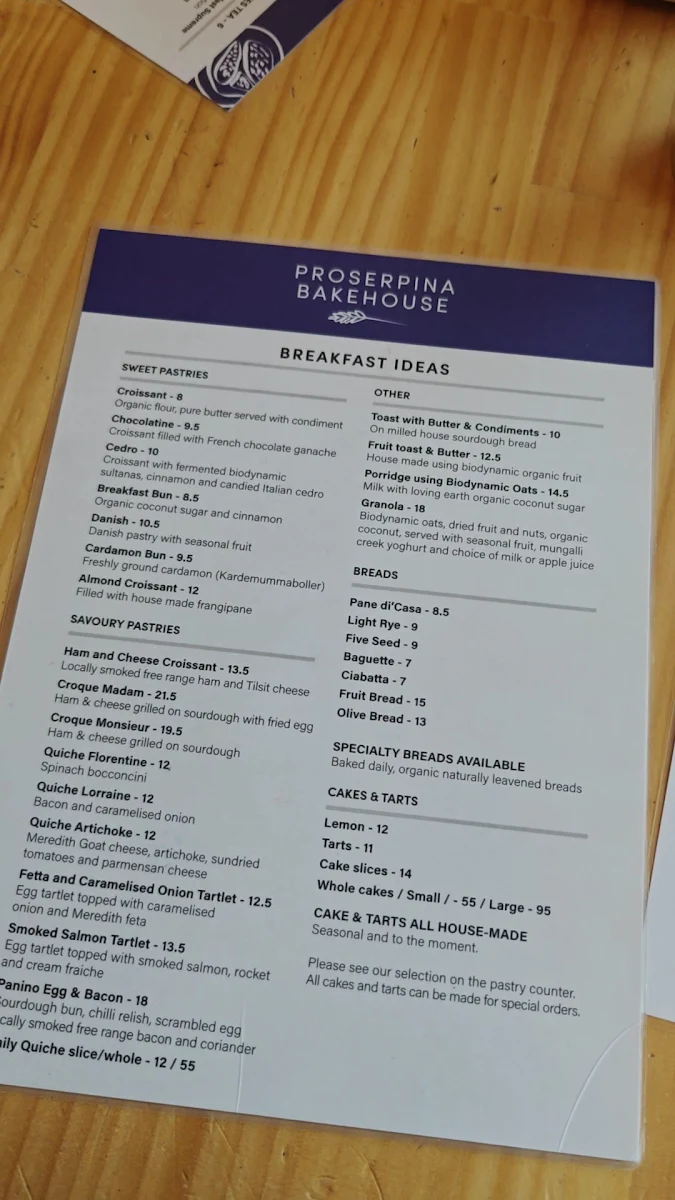 Menu, Proserpina Bakehouse