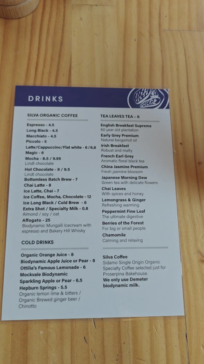 Menu, Proserpina Bakehouse