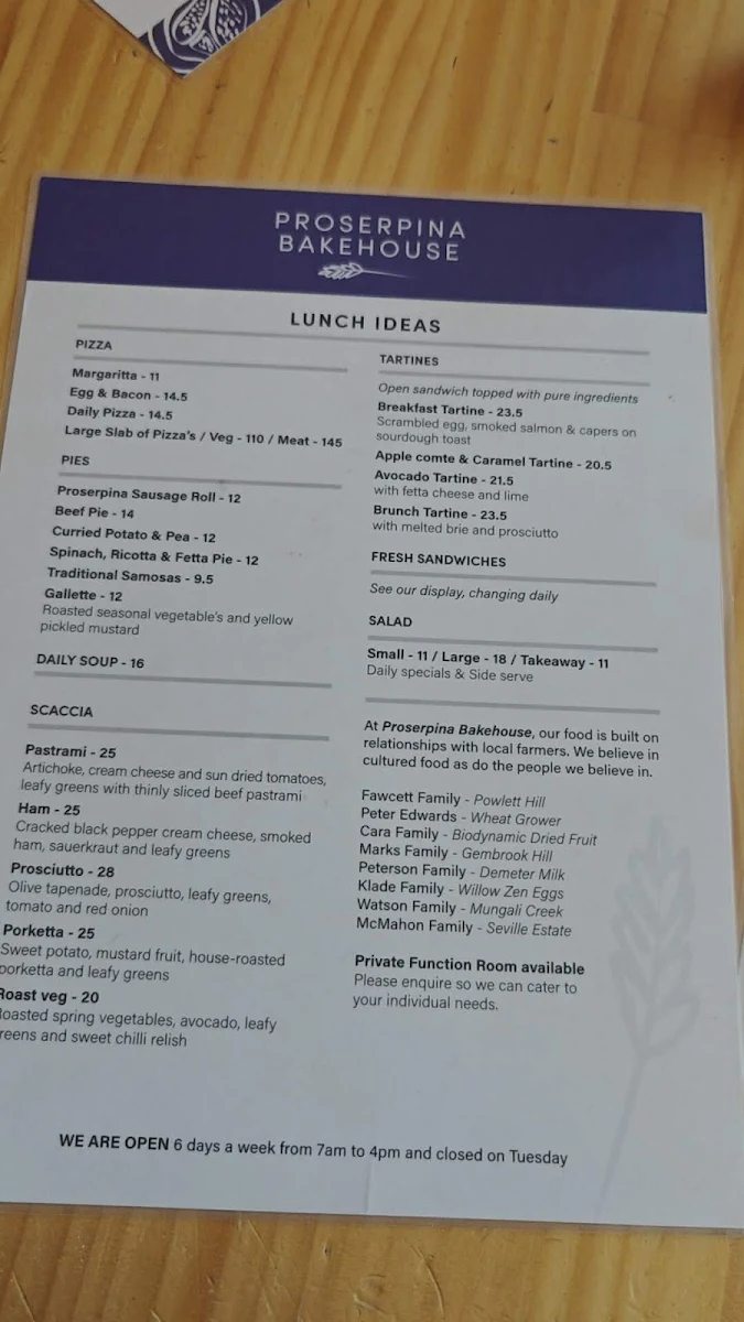 Menu, Proserpina Bakehouse