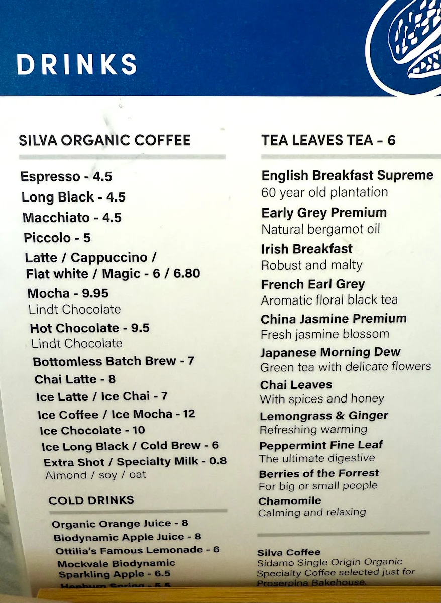 Menu, Proserpina Bakehouse